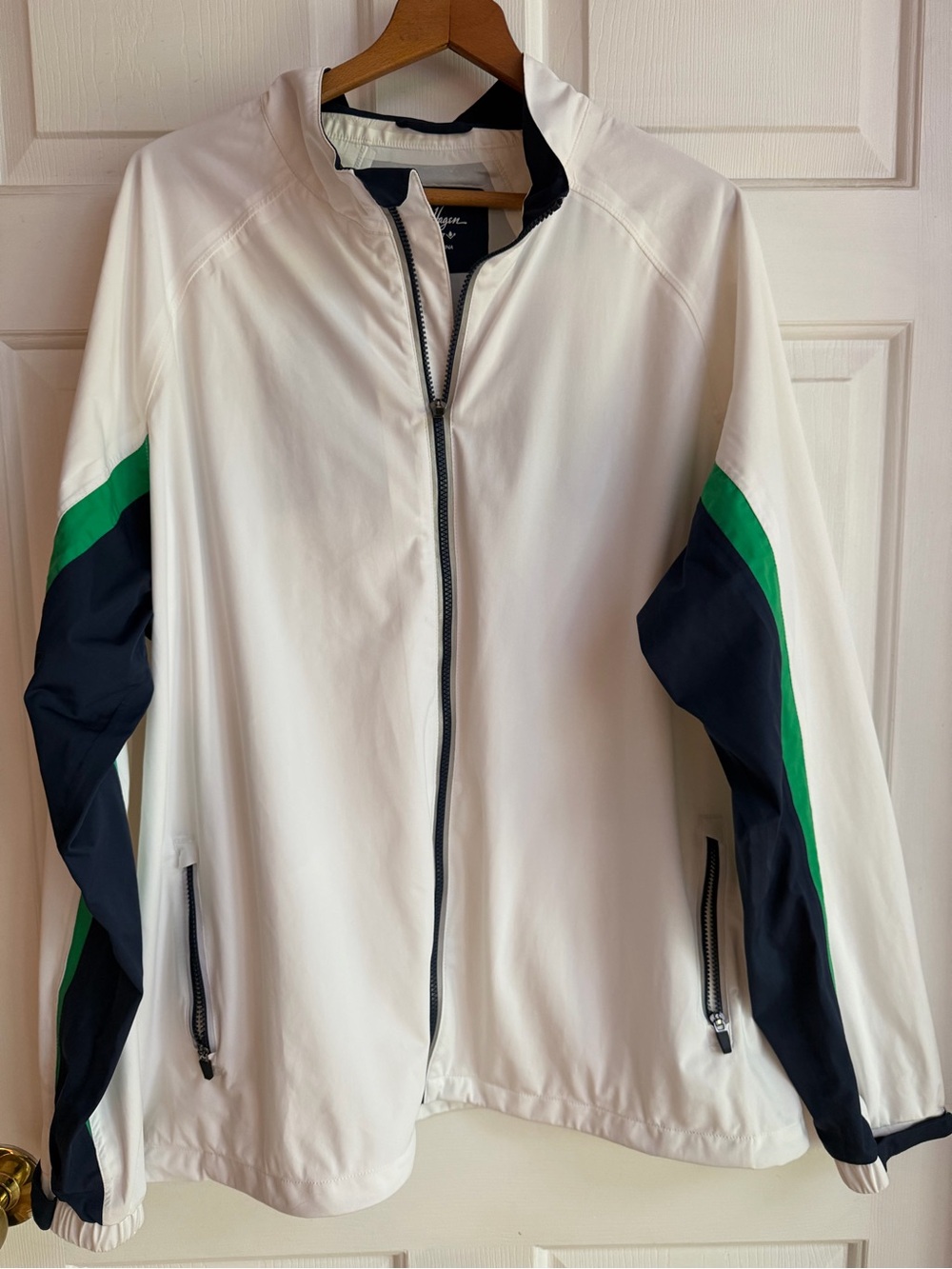 Walter Hagen White Windbreaker with Navy & Green Sleeve Stripes